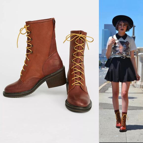 Gee WaWa Dixie Steel Lace Up Brown Leather Heeled Boot 8 Free People Anthro - Picture 2 of 10